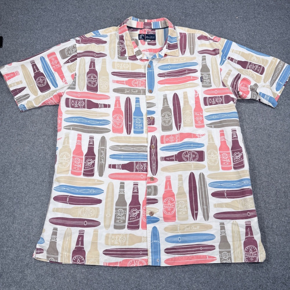 Jack ONeill Mens XL Beer Bottle Surfboard Print Short Sleeve Button Down Shirt